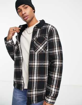 Threadbare Borg Fleece Lined Check Shacket In Black