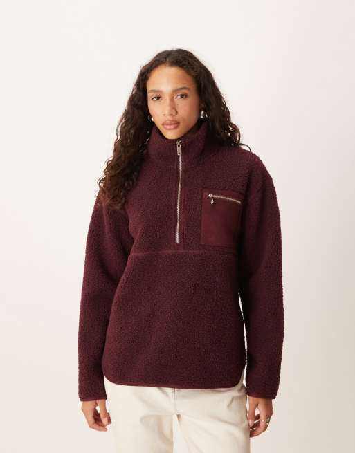 Threadbare - Borg fleece met 1/4 rits en zakdetail in vijgkleur, 4 van 4