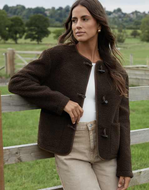 Threadbare Borg fleece toggle jacket in chocolate - view 1