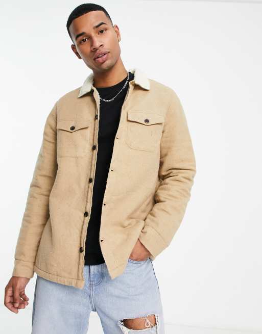 Threadbare borg lined overshirt shacket in camel | ASOS