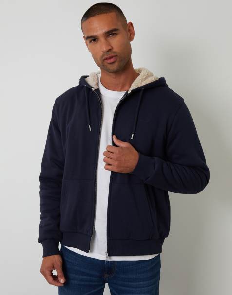 Threadbare Borg lined zip through hoodie in navy - view 1
