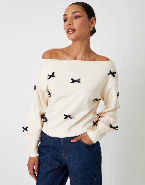 Threadbare Bow embellished slash neck jumper in ecru - view 1