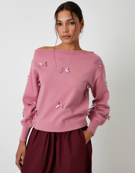 Threadbare Bow embellished slash neck jumper in pink - view 1