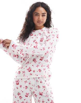 Threadbare Bow Print Long Sleeve Pajama Set In White