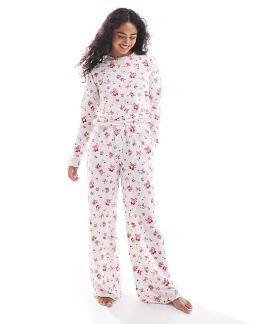 Threadbare bow print long sleeve pyjama set in pink and white