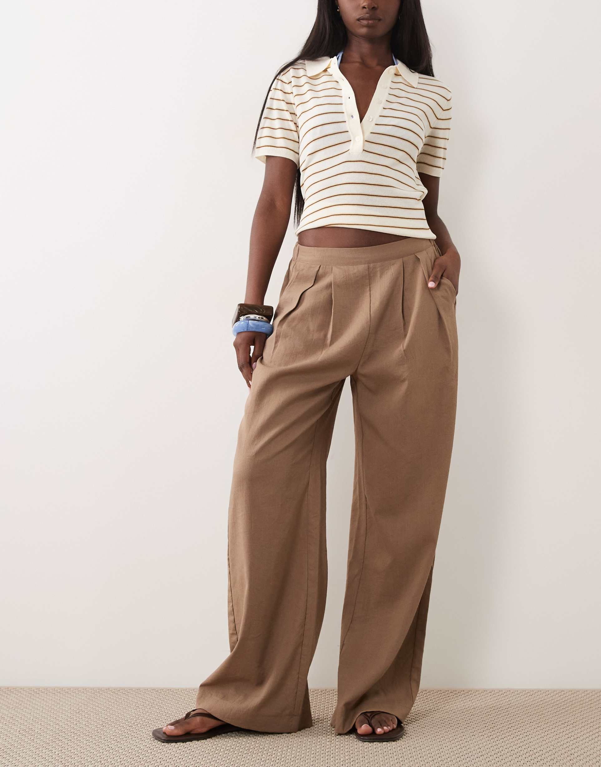 threadbare box pleat wide leg pants in taupe - part of a set