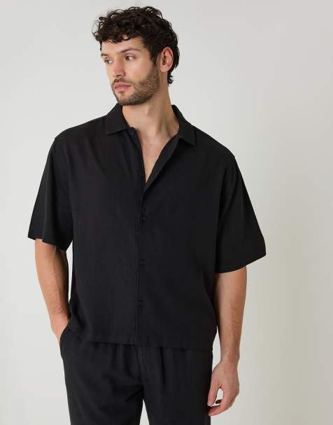 Threadbare Boxy fit linen blend short sleeve shirt in black - view 1