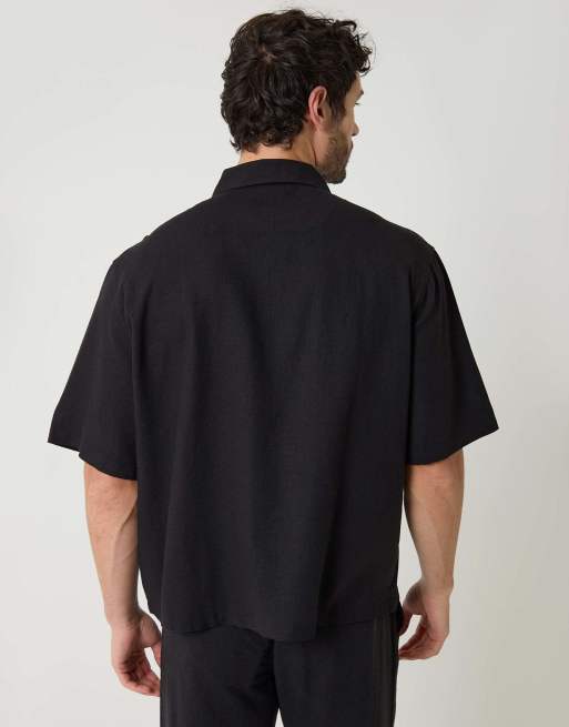 Threadbare Boxy fit linen blend short sleeve shirt in black, 2 of 4