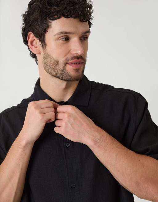 Threadbare Boxy fit linen blend short sleeve shirt in black, 3 of 4