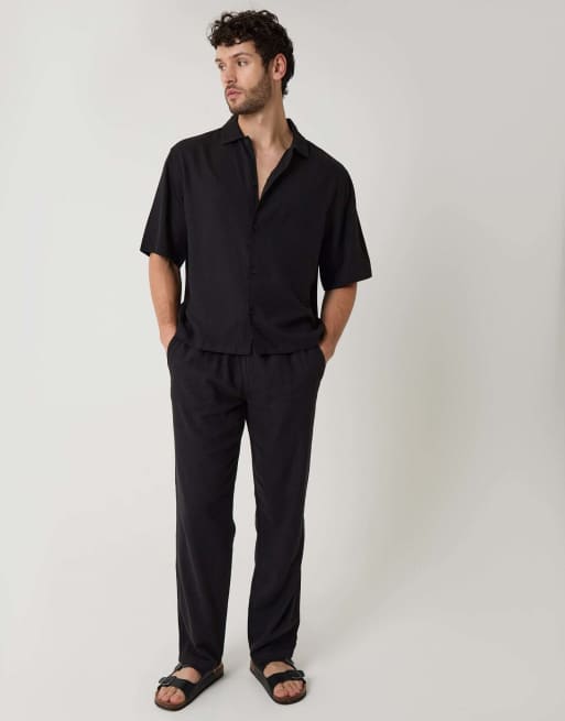 Threadbare Boxy fit linen blend short sleeve shirt in black, 4 of 4