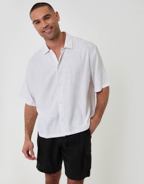 Threadbare Boxy fit linen blend short sleeve shirt in white