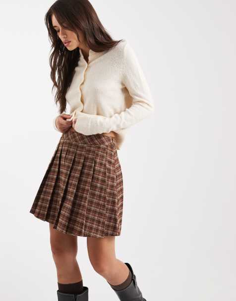 Threadbare check pleated mini skirt in brown