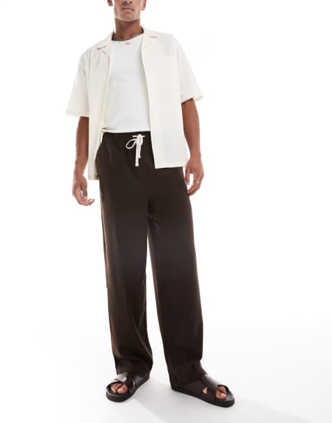 Threadbare – Brązowe spodnie z kontrastowym sznurkiem w talii z dużą zwartością lnu - view 1