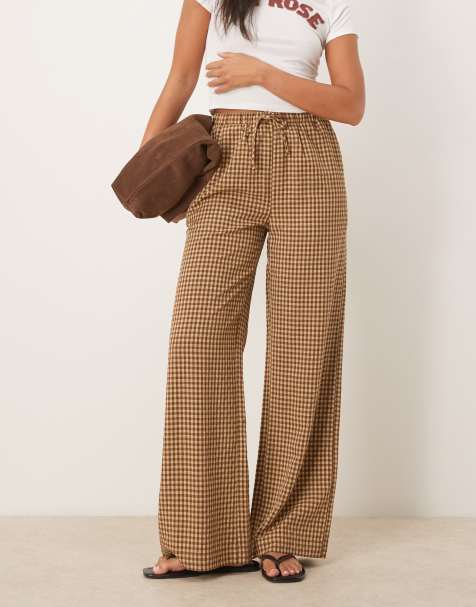 Threadbare tie waist wide leg trousers in brown gingham