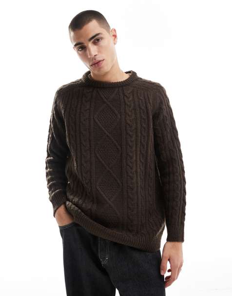 Threadbare – Brązowy gruby sweter oversize z dzianiny o warkoczowym splocie - view 1