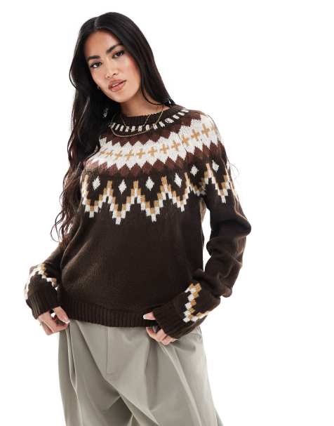 Threadbare – Brązowy sweter z okrągłym dekoltem w beżowy geometryczny wzór - view 1