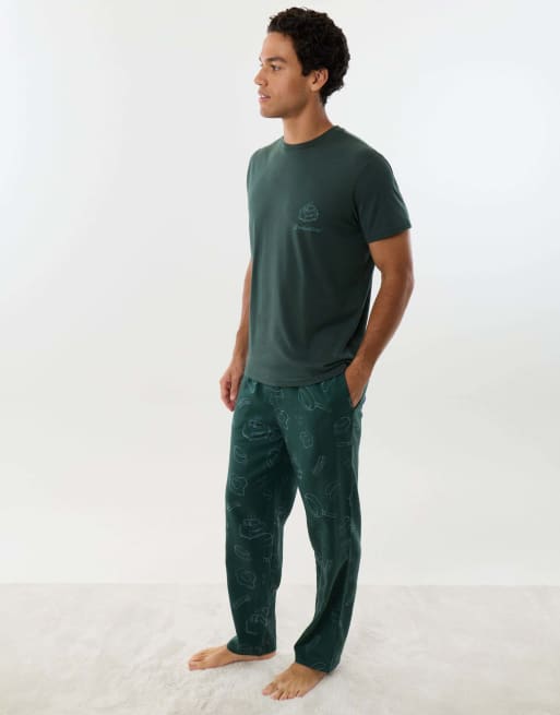 Threadbare Breakfast print christmas pyjama set in dark green, 4 of 4