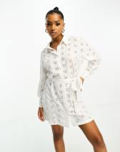 ASOS DESIGN crochet mini shirt dress with belt in ivory | ASOS