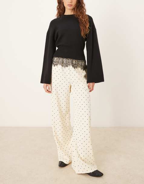 Threadbare - Broek met elastische taille en stippen in zwart en ecru - view 1