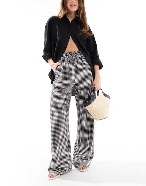 Threadbare - Broek met wijde pijpen, gestrikte taille en gingham ruit in zwart en wit - view 1