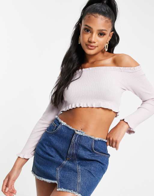 Threadbare – Brooke – Krótki sweter z prążkowanej dzianiny w kolorze wrzosowym z dekoltem bardot