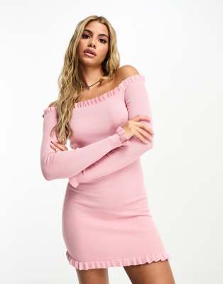 Threadbare Brooke Ribbed Bardot Fitted Dress With Frilled Edges In Candy Pink