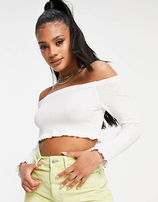 Threadbare Brooke ribbed bardot knitted crop jumper with frilled edges in white