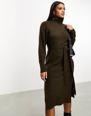 Threadbare - Brooklyn - Midi-Pulloverkleid in Schokoladenbraun mit Rollkragen und Bindeband an der Taille-Brown