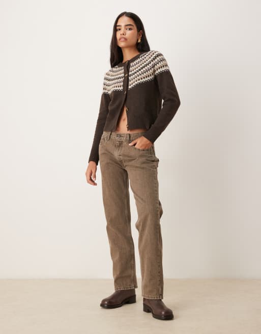 Threadbare - Brun cardigan med rund hals og fairisle-print, 3 af 4