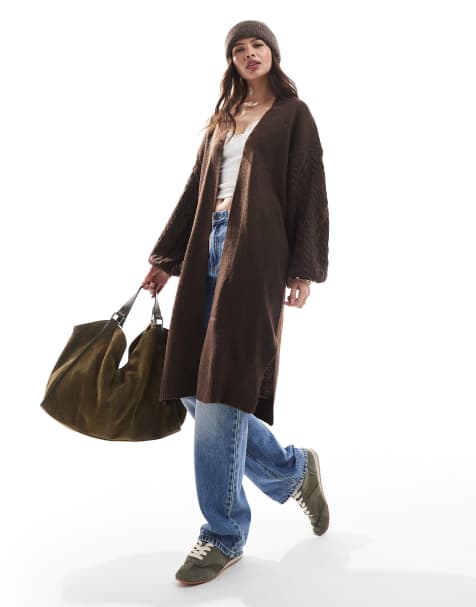 Threadbare - Brun longline-cardigan i kabelstrik - view 1