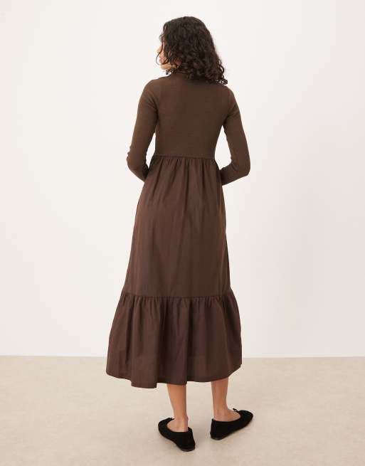 Threadbare - Brun midikjole med lange ærmer og rund halsudskæring og poplin-nederdel, 2 af 4