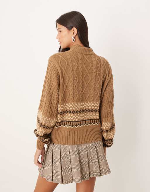 Threadbare – Brun och kamelbrun, grovstickad tröja med fairislemönster och halvpolokrage, 4 av 4