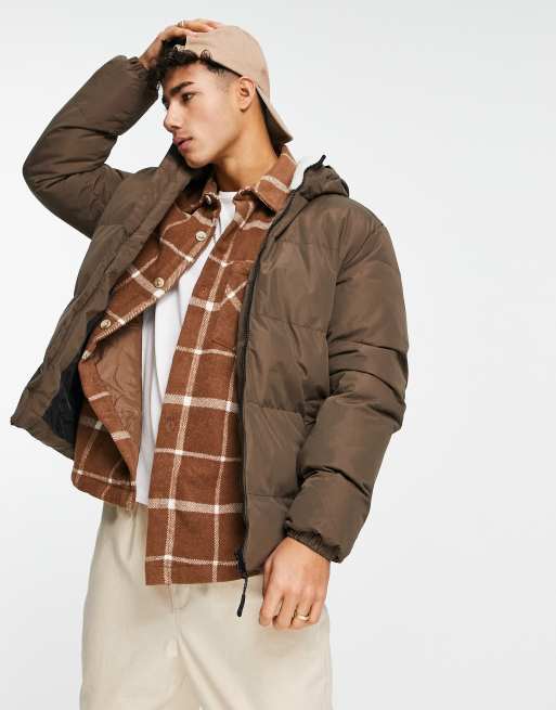 Threadbare – Brun pufferjacka med teddykrage och avtagbar huva