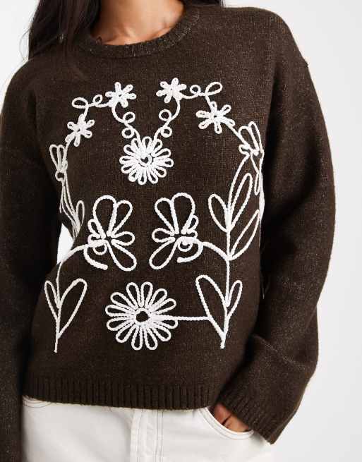 Threadbare – Brun tröja med rund halsringning och blombroderi, 3 av 4