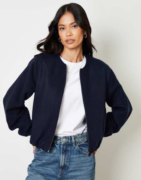 Threadbare Brushed bubble hem bomber jacket in navy - view 1