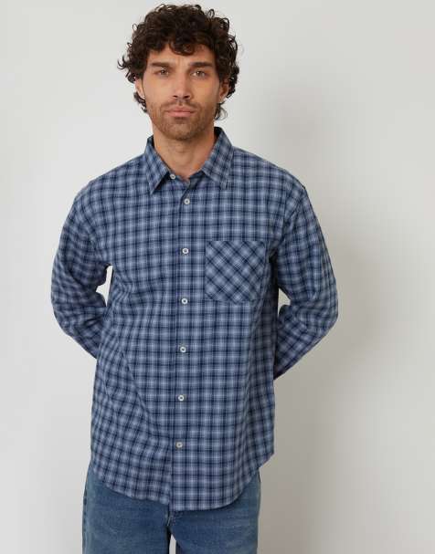 Threadbare Brushed check flannel relaxed fit shirt in blue - view 1