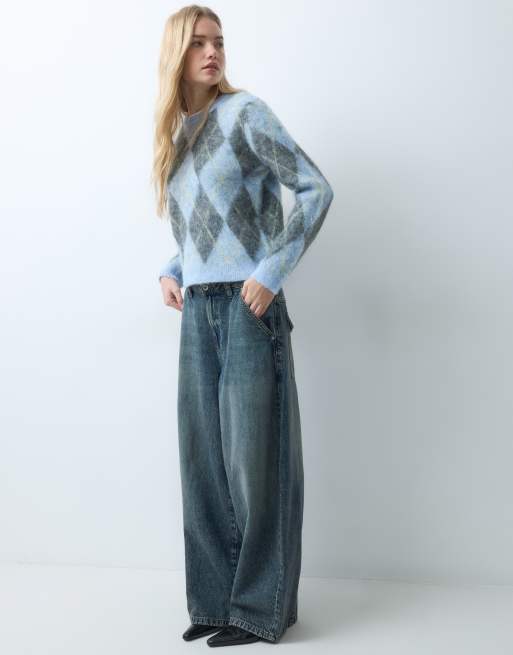 Threadbare brushed crew neck argyle knitted jumper In blue and grey, 5 of 5