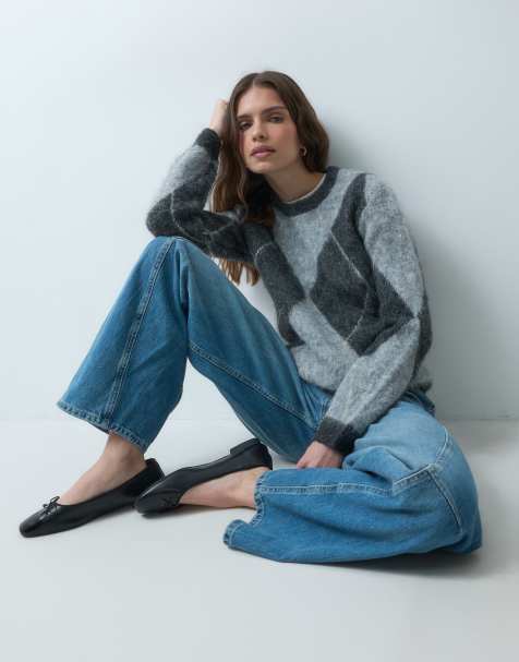 Threadbare brushed crew neck argyle knitted jumper in charcoal grey - view 1