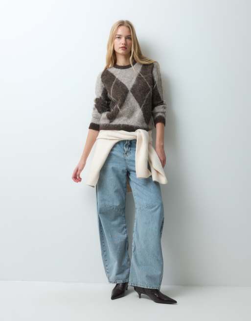 Threadbare brushed crew neck argyle knitted jumper in chocolate brown, 2 of 5