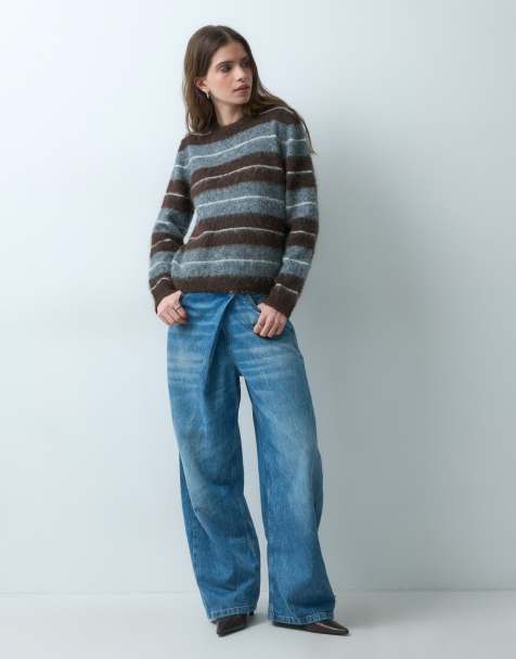 Threadbare brushed crew neck stripe knitted jumper in grey and brown - view 1