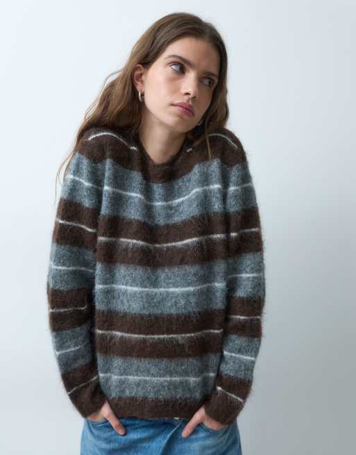 Threadbare brushed crew neck stripe knitted jumper in grey and brown, 3 of 5