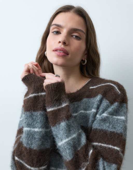 Threadbare brushed crew neck stripe knitted jumper in grey and brown, 5 of 5