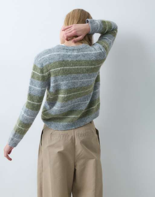 Threadbare brushed crew neck stripe knitted jumper in grey and green, 2 of 5