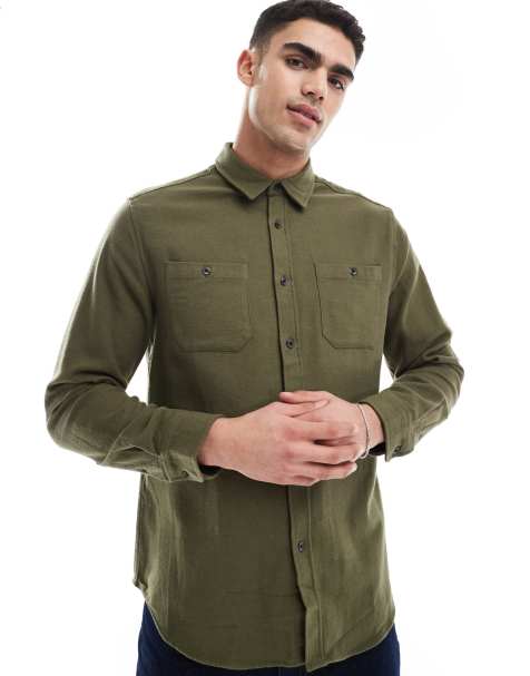 Threadbare brushed flannel overshirt in khaki - view 1