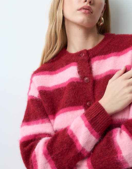 Threadbare brushed knit cardigan in burgundy stripe , 2 of 5
