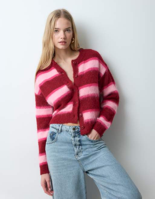 Threadbare brushed knit cardigan in burgundy stripe , 5 of 5