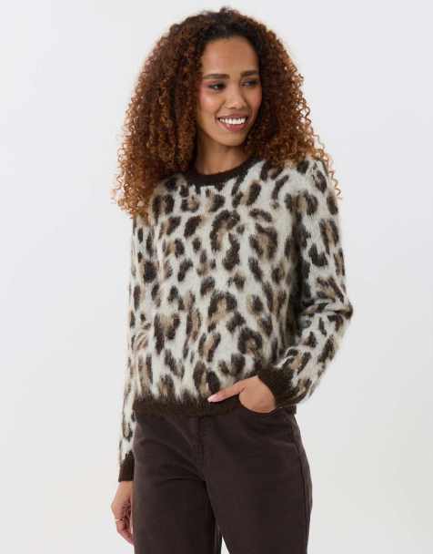 Threadbare Brushed knit crew neck jumper in leopard - view 1
