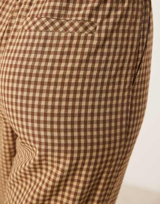Threadbare - Bukser med bindetalje, vide ben og brune gingham-tern, 5 af 5