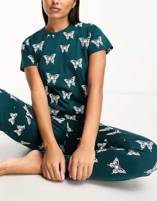 Threadbare Threadbare butterfly print t-shirt and trousers pyjama set in green