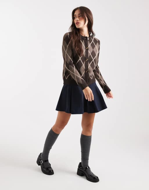 Threadbare button down crew neck cardigan in brown argyle